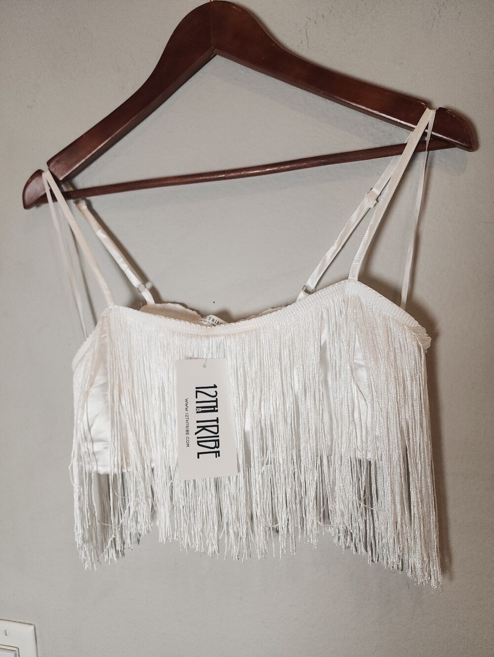 NWT 12th Tribe White Satin Fringe Sleeveless Crop Top Women's Size Small